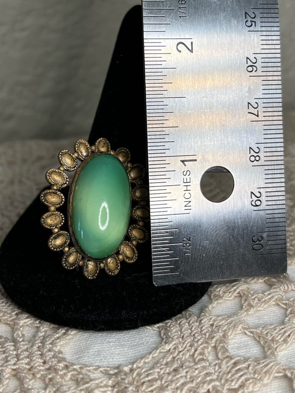 Antique Green Glass Cabochon Brooch C-Clasp Gold Tone Filigree Victorian Revival - Picture 4 of 10